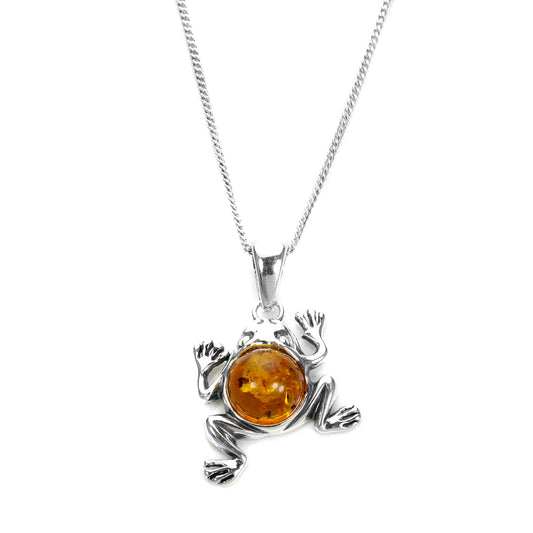 Sterling Silver & Baltic Amber Jumping Frog Pendant
