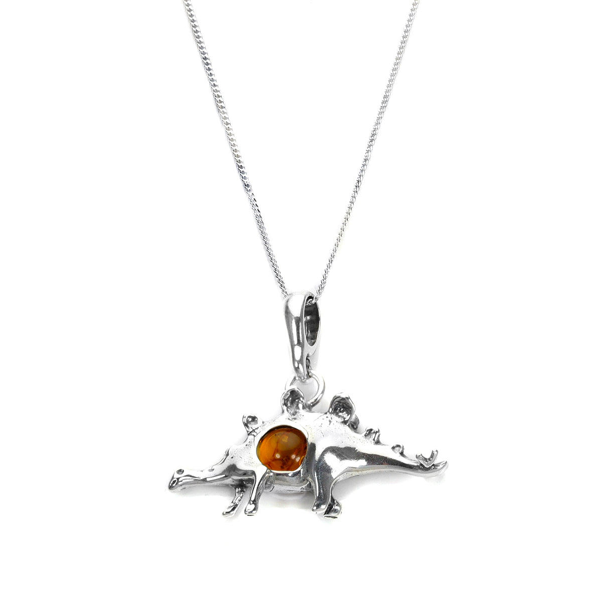 Sterling Silver & Baltic Amber Dinosaur Pendant - 16 - 22 Inches