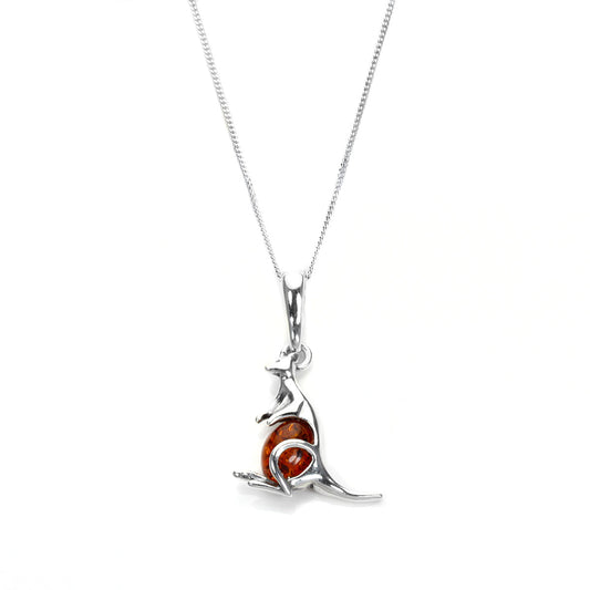 Sterling Silver & Baltic Amber Kangaroo Pendant