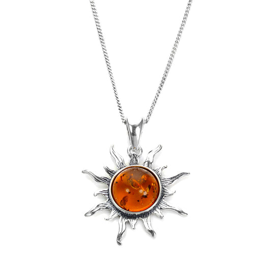 Sterling Silver & Baltic Amber Flaming Sun Pendant