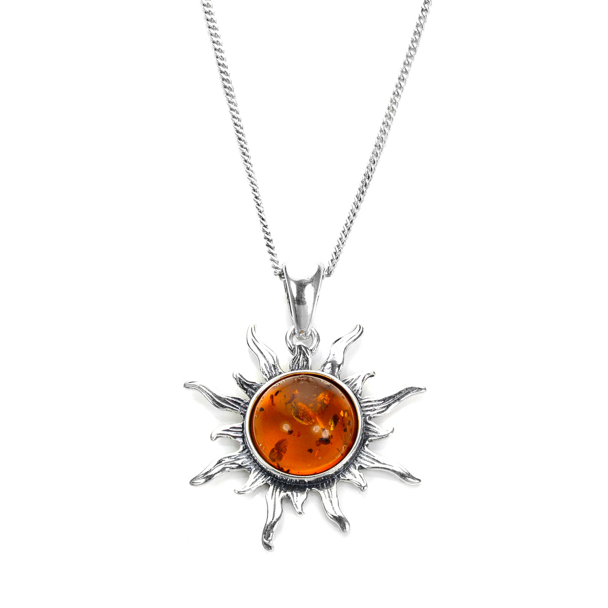 Sterling Silver & Baltic Amber Flaming Sun Pendant