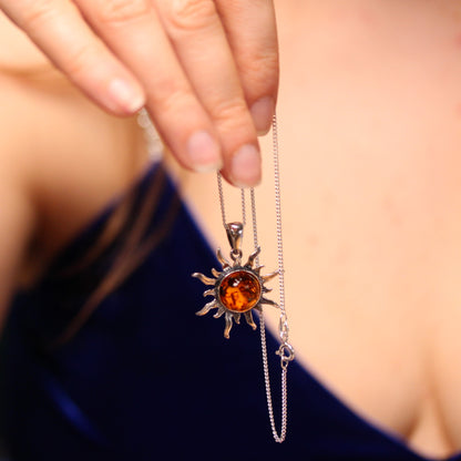 Sterling Silver & Baltic Amber Flaming Sun Pendant