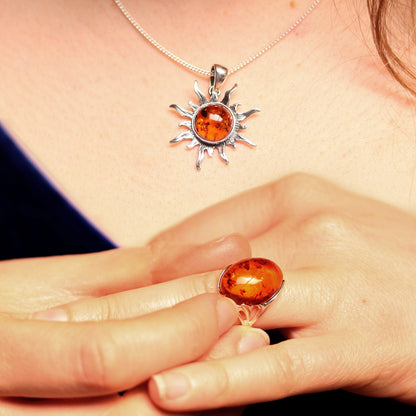 Sterling Silver & Large Baltic Amber Oval Ring - Sizes J - P