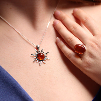 Sterling Silver & Large Baltic Amber Oval Ring - Sizes J - P