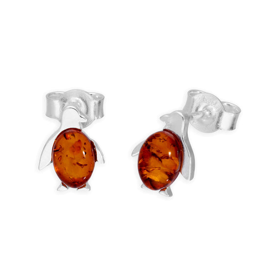 Sterling Silver & Baltic Amber Penguin Stud Earrings