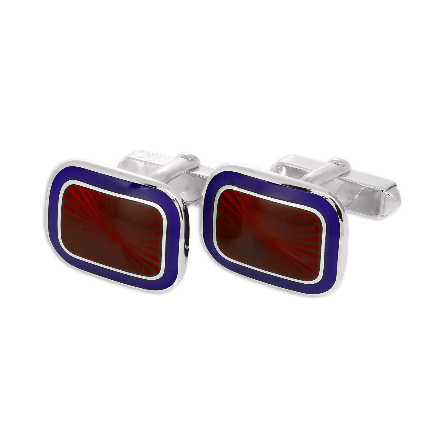 Sterling Silver Blue & Red Enamel Sunburst Rectangular Swivelback Cufflinks