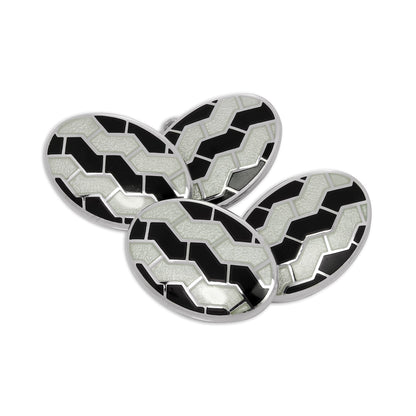Sterling Silver Black & White Enamel Jagged Pattern Double-Sided Oval Cufflinks