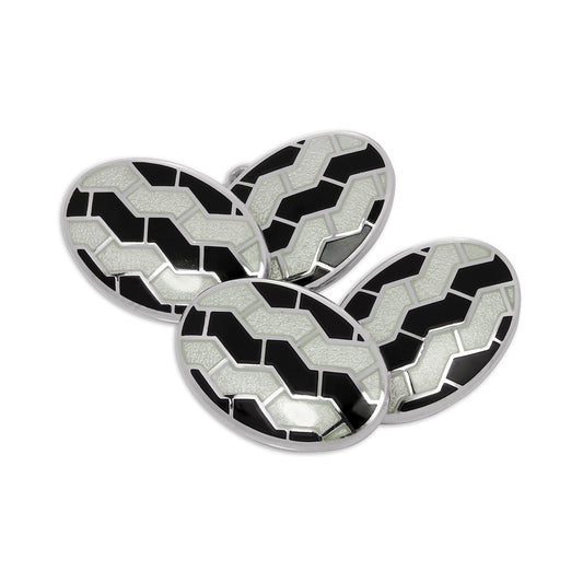 Sterling Silver Black & White Enamel Jagged Pattern Double-Sided Oval Cufflinks