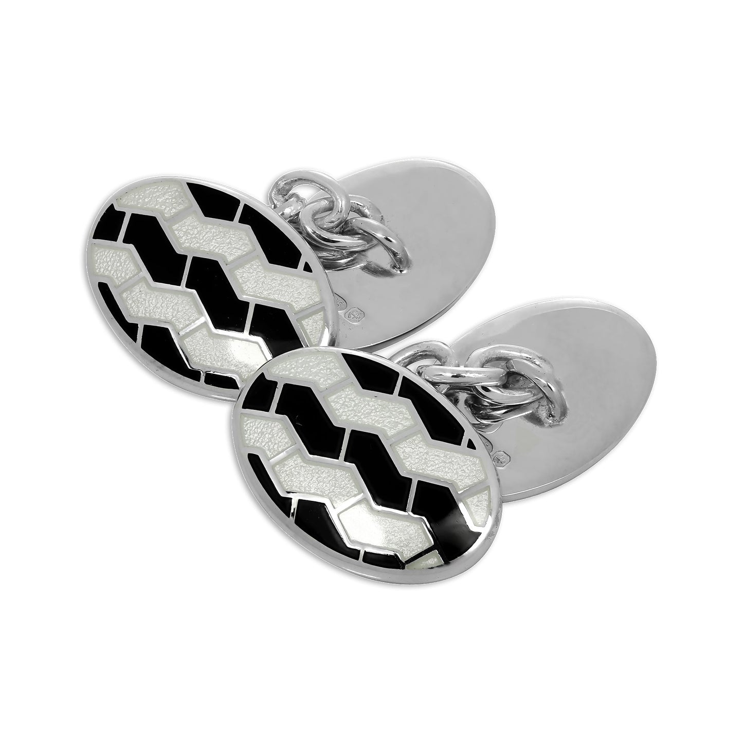 Sterling Silver Black & White Enamel Jagged Pattern Double-Sided Oval Cufflinks