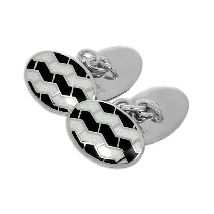 Sterling Silver Black & White Enamel Jagged Pattern Double-Sided Oval Cufflinks
