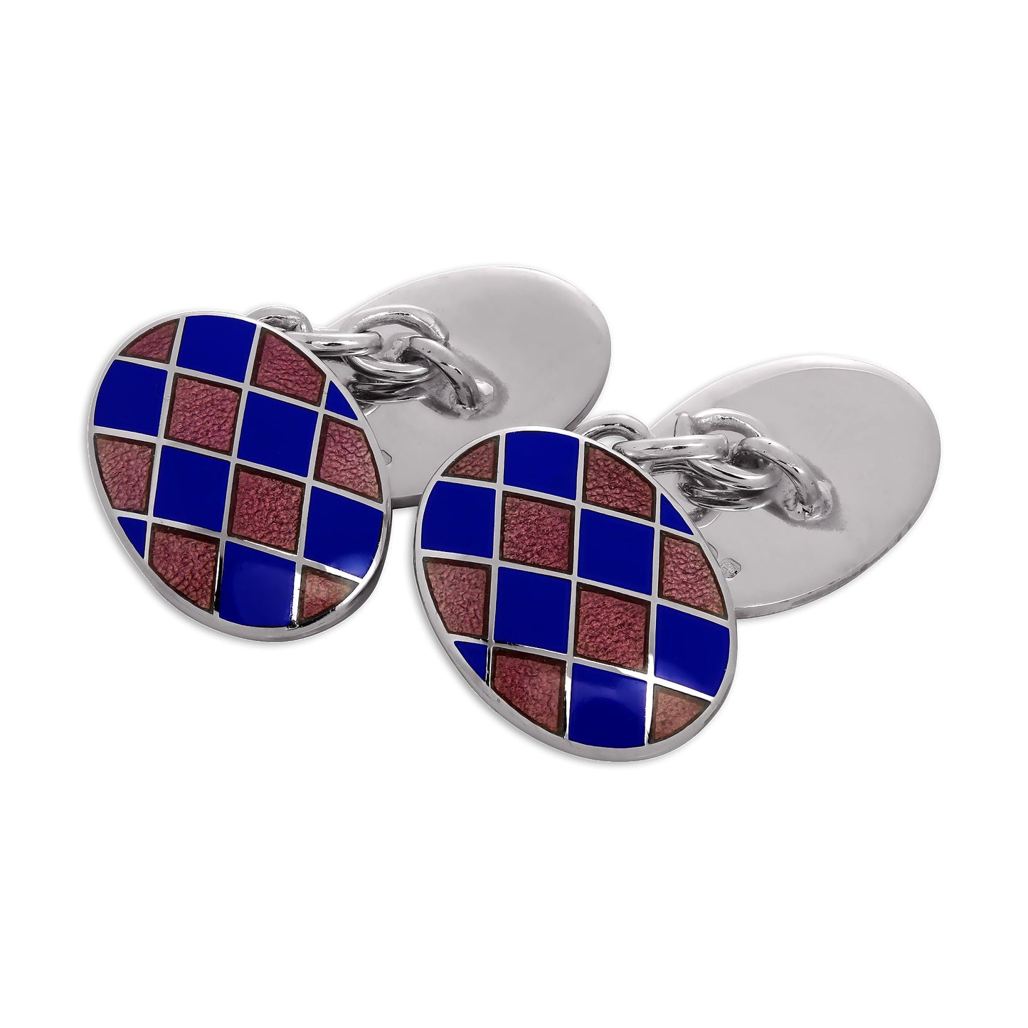 Sterling Silver Blue & Pink Enamel Harlequin Double-Sided Oval Cufflinks