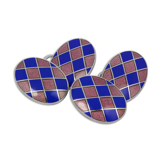 Sterling Silver Blue & Pink Enamel Harlequin Double-Sided Oval Cufflinks