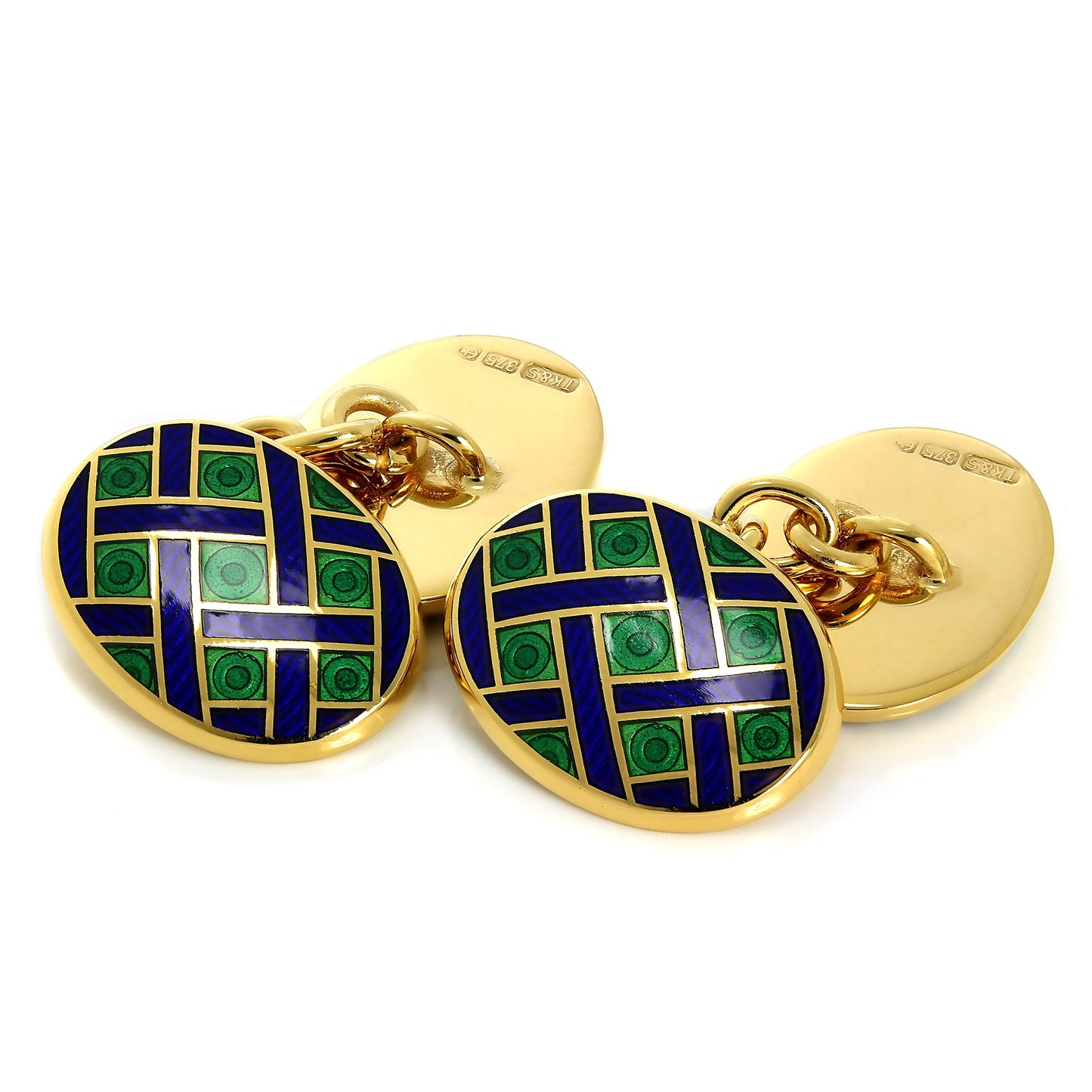 9ct Gold Blue & Green Enamel Weave Pattern Double Sided Chain Oval Cufflinks
