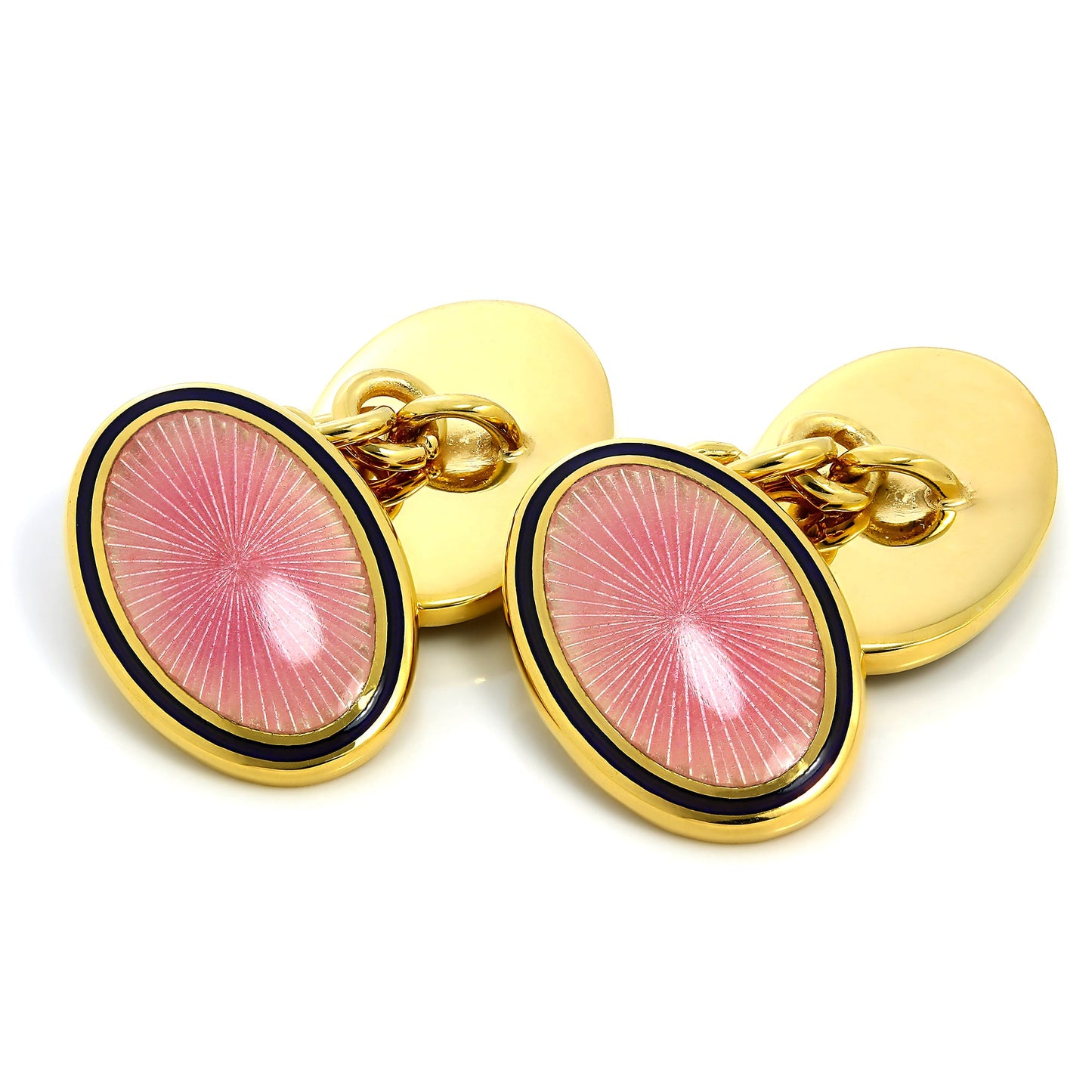 9ct Gold Pink Enamel Sun Burst Pattern Double Sided Chain Oval Cufflinks