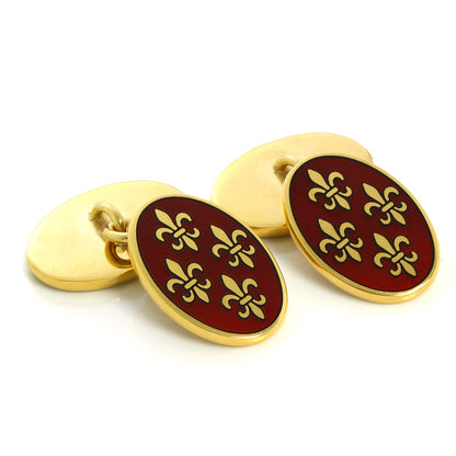 9ct Gold Red & Gold Fleur de Lis Double Sided Chain Oval Cufflinks