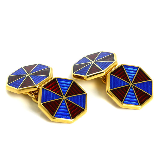 9ct Gold Blue & Red Enamel Double Sided Chain Octagonal Cufflinks