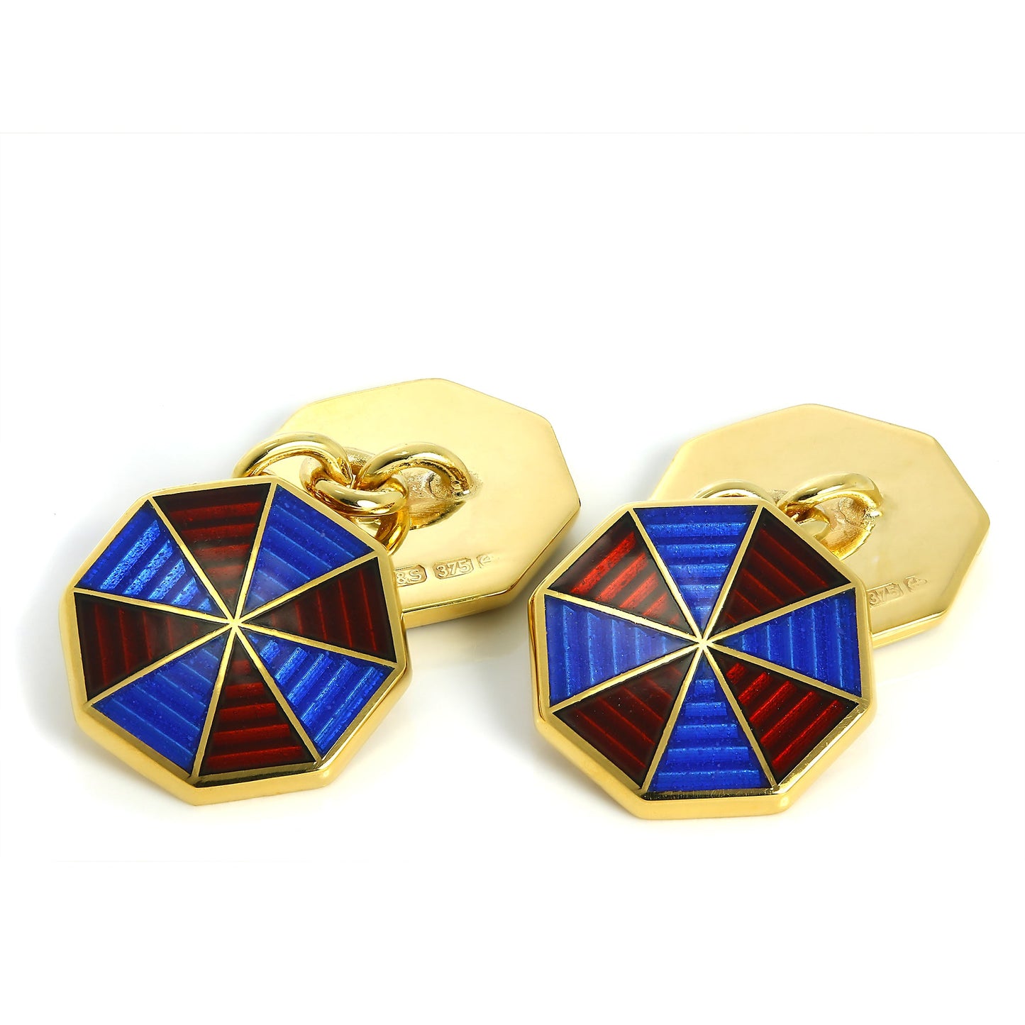 9ct Gold Blue & Red Enamel Double Sided Chain Octagonal Cufflinks