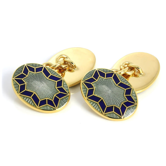 9ct Gold Blue & Green Enamel Star Burst Double Sided Chain Oval Cufflinks