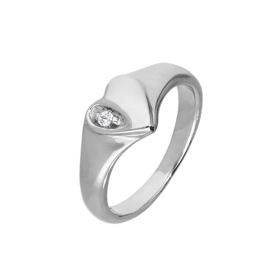 Sterling Silver & Clear CZ Crystal Engraved Heart Childs Signet Ring Size A - H