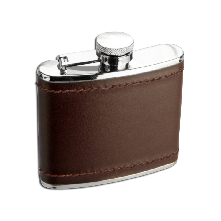 Deep burgundy leather wrapped stainless steel hip flask