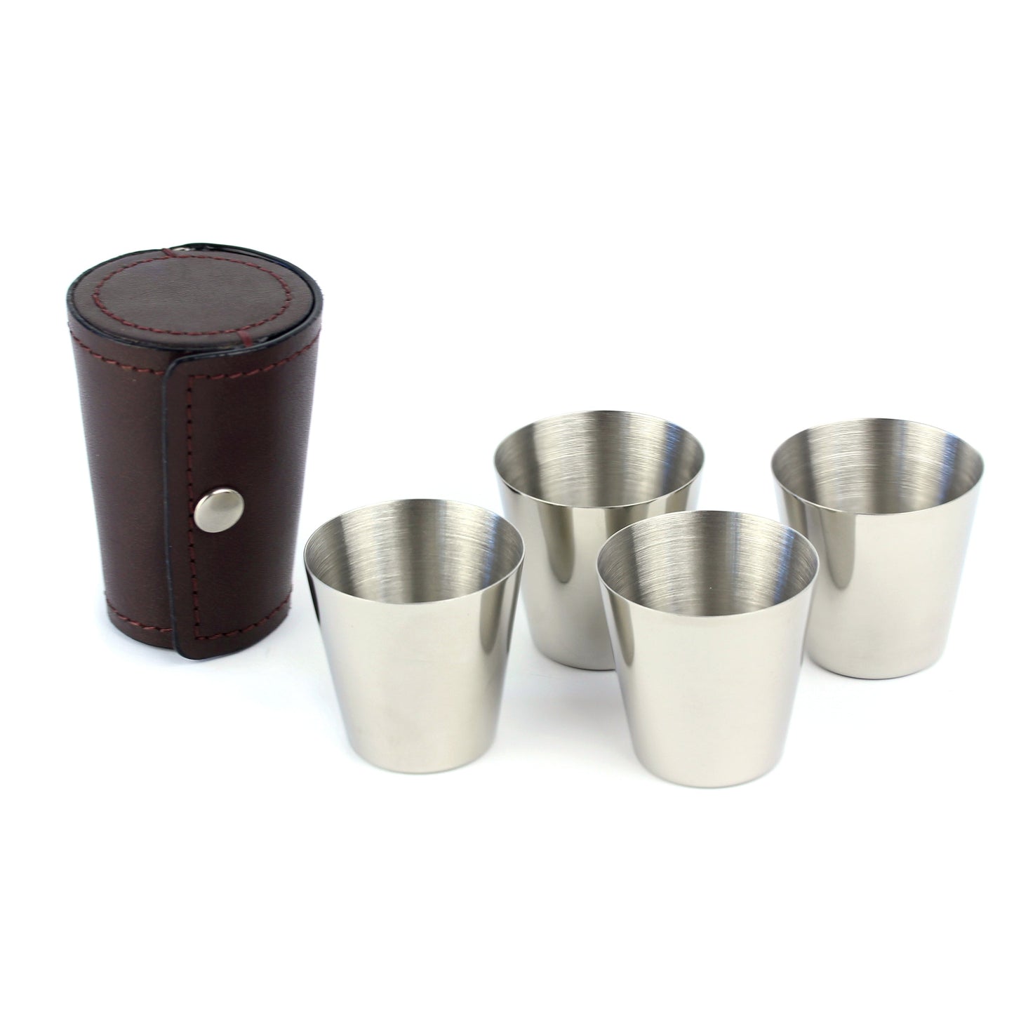 4 x Stainless Steel Nip Cups with Brown Leather Pouch
