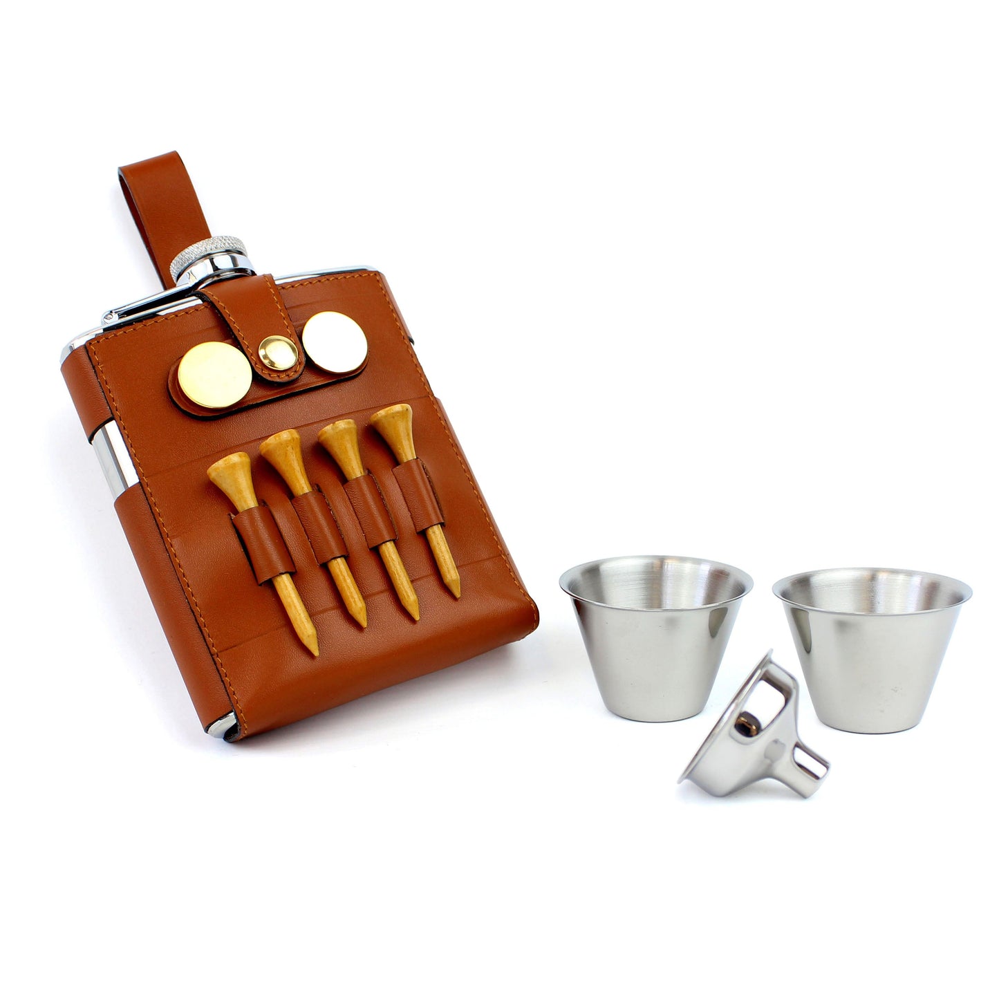 7oz Stainless Steel Leather Hip Flask Golf Gift Set