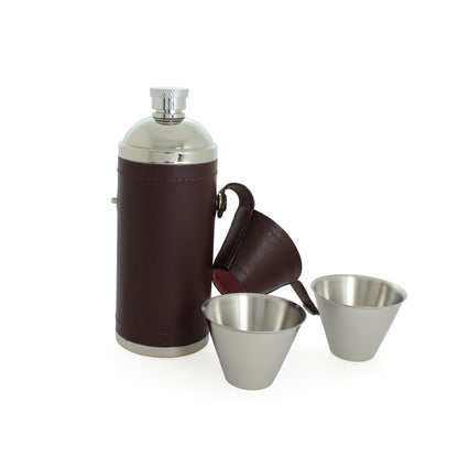 8oz Stainless Steel Hunting Flask with Nip Cups Wrapped in Burgundy Leather