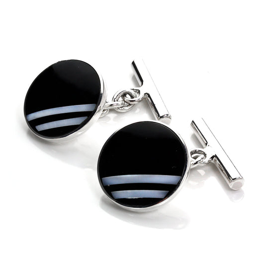 Sterling Silver Round Onyx Cufflinks with Mother of Pearl Stripes