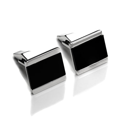 Sterling Silver Set Onyx Rectangular Swivel Back Cufflinks