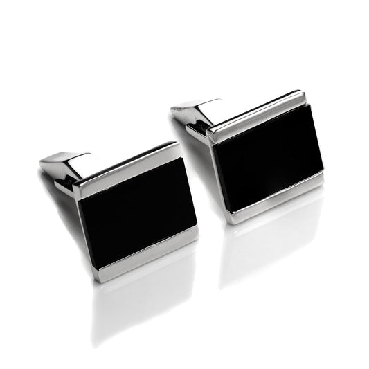 Sterling Silver Set Onyx Rectangular Swivel Back Cufflinks