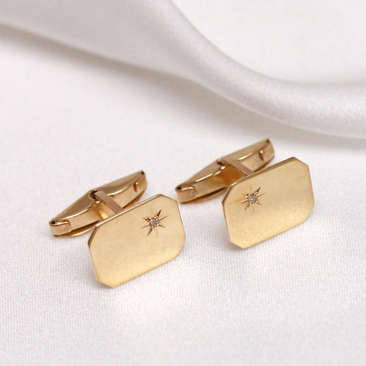 9ct Gold Diamond Set Rectangle Swivel Back Cufflinks