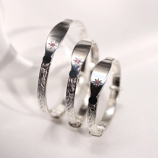 Sterling Silver Engravable Expandable Baby Bangle with Pink CZ Crystal