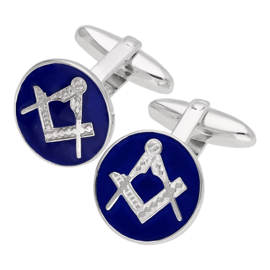 Sterling Silver Masonic Blue Enamel Round Cufflinks