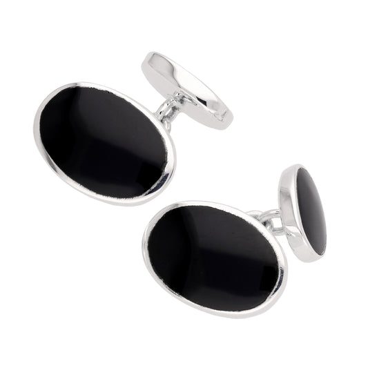 Sterling Silver Onyx Double-sided Oval Cufflinks