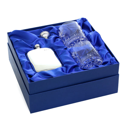6oz Pewter Flask & 2 10oz Engravable Lead Crystal Tumbler Set