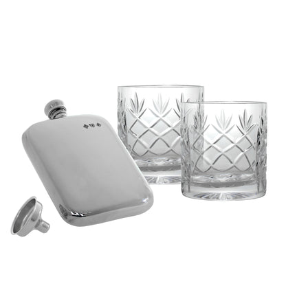 6oz Pewter Flask & 2 10oz Engravable Lead Crystal Tumbler Set