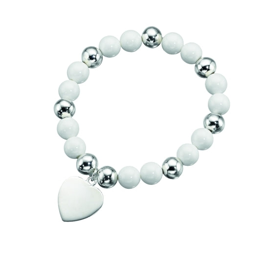 White & Silver Shell Stretchy Bead Bracelet with Heart Charm