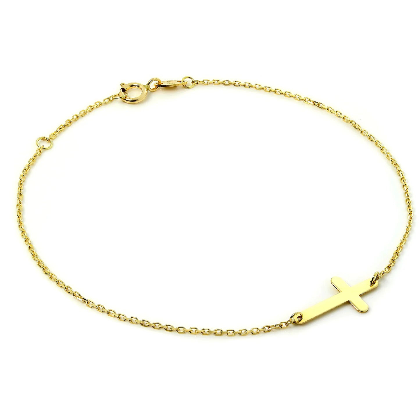 Fine 9ct Gold Trace Chain Bracelet with Cross 7.5 Inches