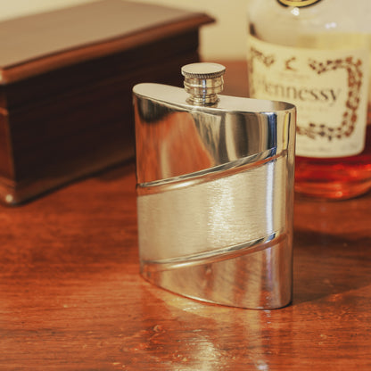 6oz Handmade Pewter Hip Flask with Diagonal Satin Band