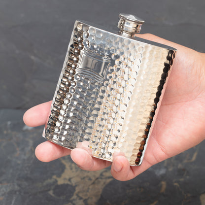 6oz Handmade Hammered Pewter Hip Flask with Engraving Plate