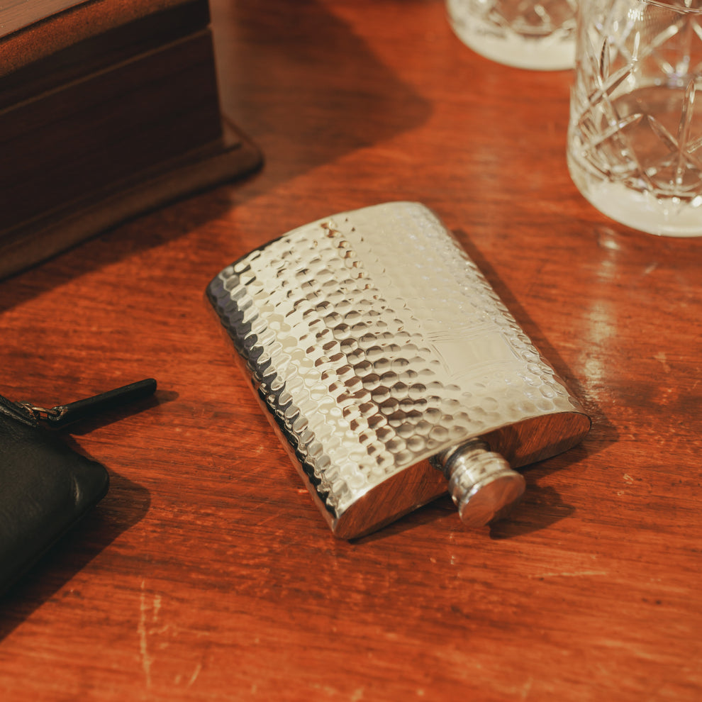 6oz handmade hammered pewter hip flask with engraving plate