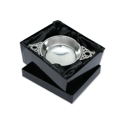 3.5 Handmade Pewter Quaich with Celtic Knot Handles & Band