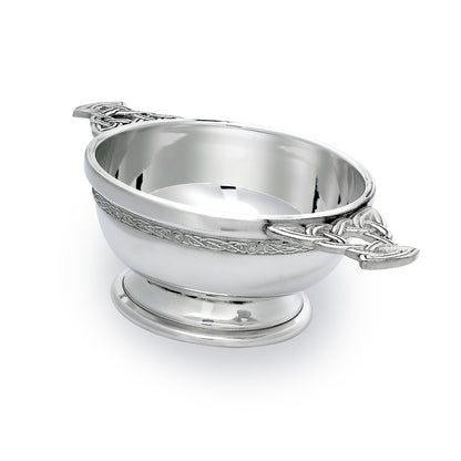 4.5 Inch Handmade Pewter Quaich with Celtic Knot Handles & Band
