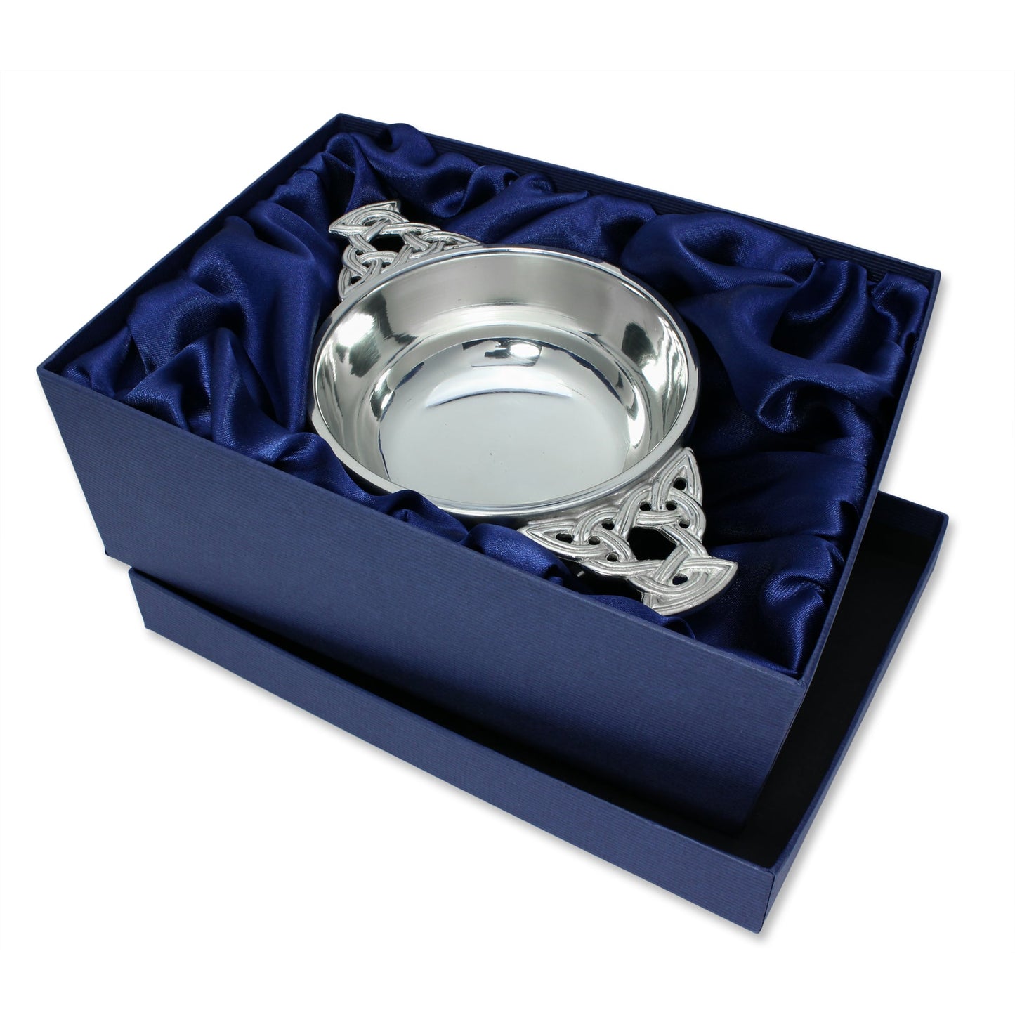 4.5 Inch Handmade Pewter Quaich with Celtic Knot Handles & Band