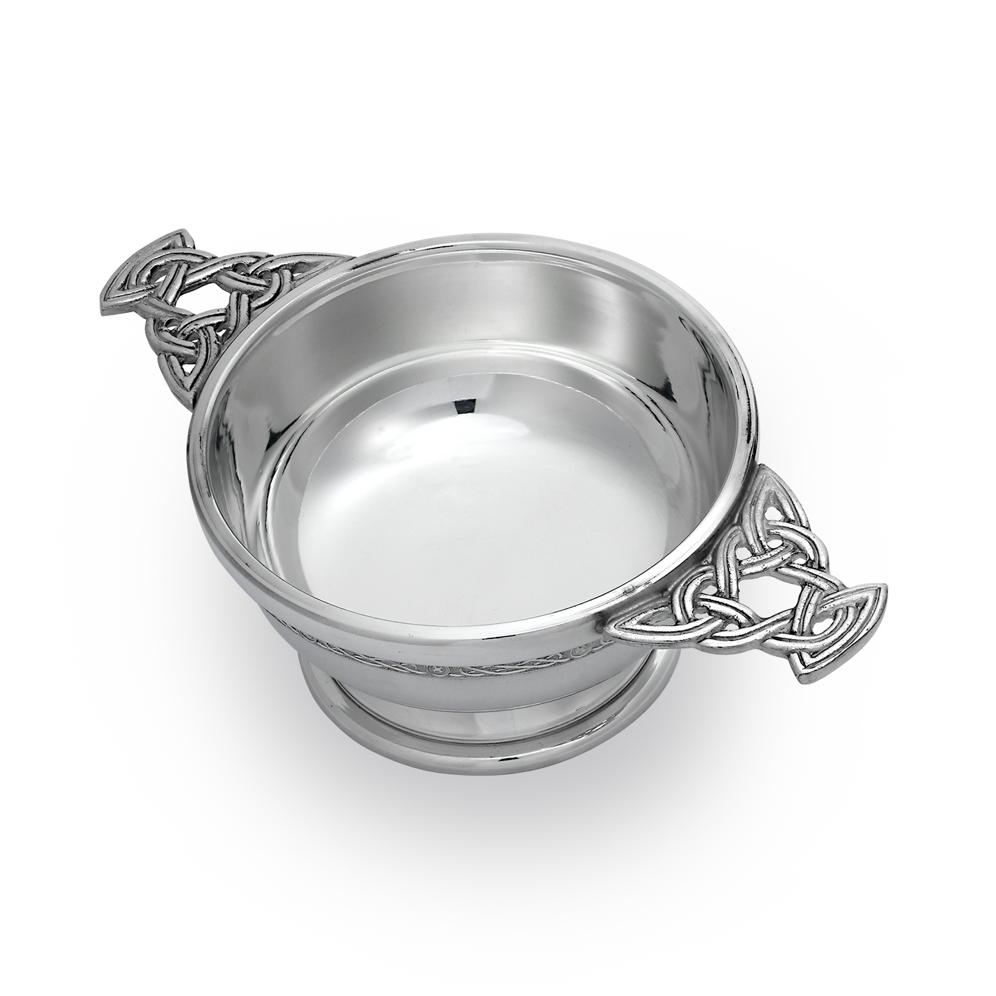 4.5 Inch Handmade Pewter Quaich with Celtic Knot Handles & Band