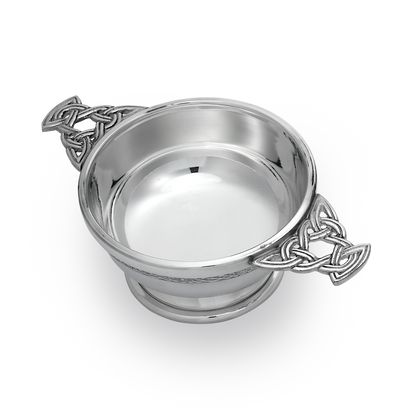 4.5 Inch Handmade Pewter Quaich with Celtic Knot Handles & Band