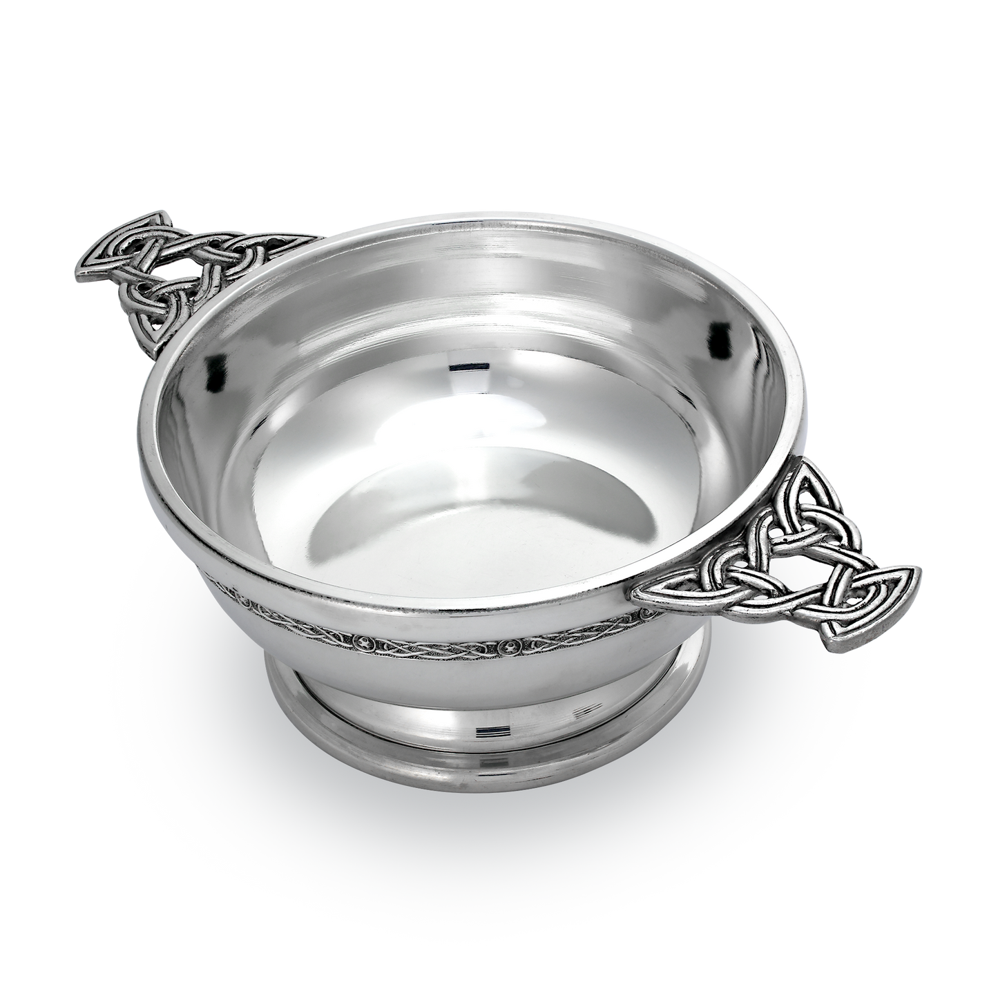 5 Inch Handmade Pewter Quaich with Celtic Knot Handles & Band