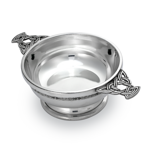 5 Inch Handmade Pewter Quaich with Celtic Knot Handles & Band