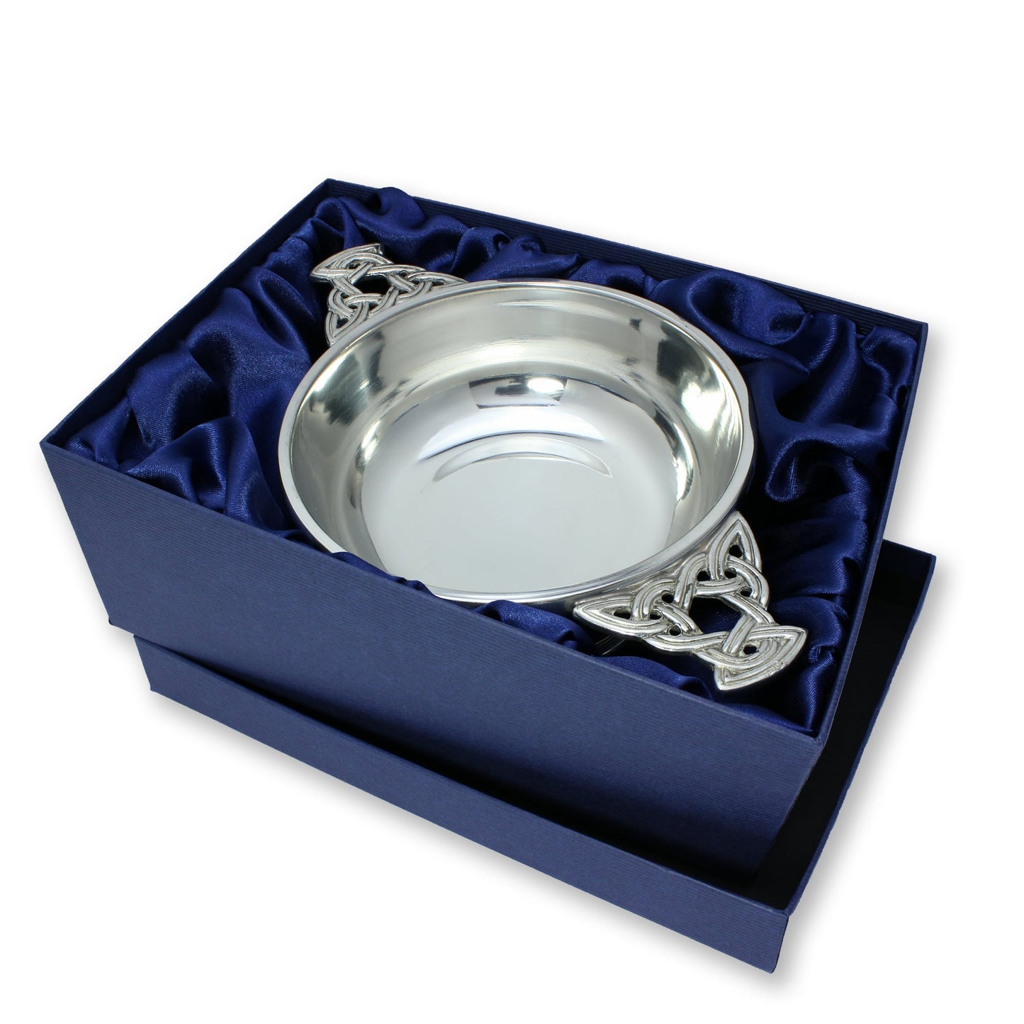 5 Inch Handmade Pewter Quaich with Celtic Knot Handles & Band