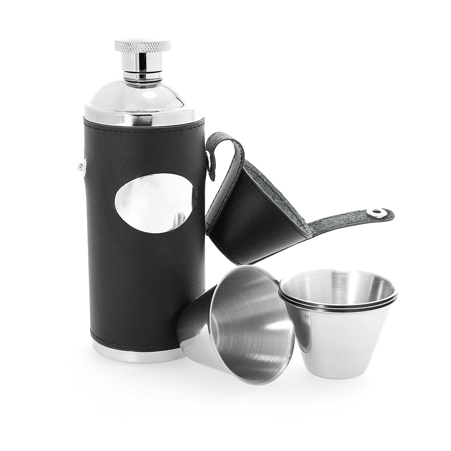 8oz Black Leather & Stainless Steel Hip Flask with Engraving Plate Personalised